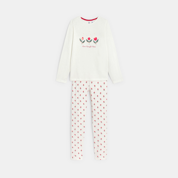 منامة من قطعتين من الجيرسي المزين برسوم، باللون الأبيض للفتيات